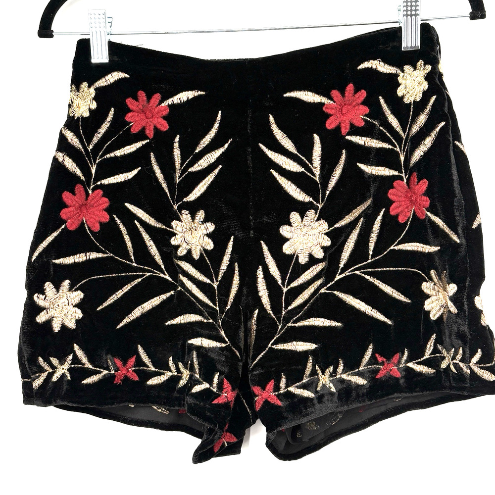 Mango Black High Waist Shorts with Red and Cream Floral Embroidery